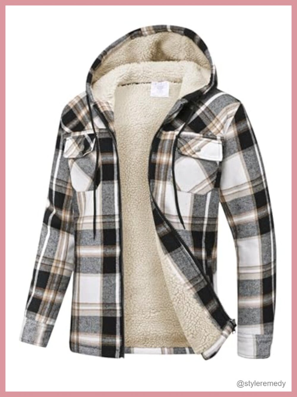 Fleece Lined Plaid Zip Up Hoodie Jacket with Pockets